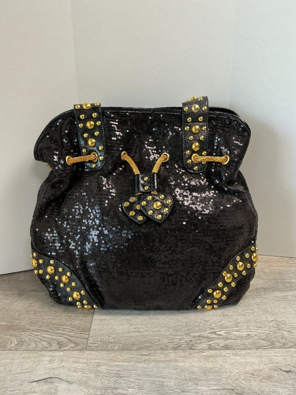 Black Sequin Studded Shoulder Bag Gold Stud Glam Y2K Evening Purse Large Tote